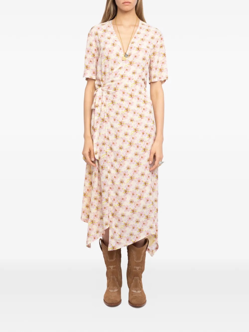 Zadig&Voltair size Large pink Assymetric floral midi dress Wrap Midi Dress